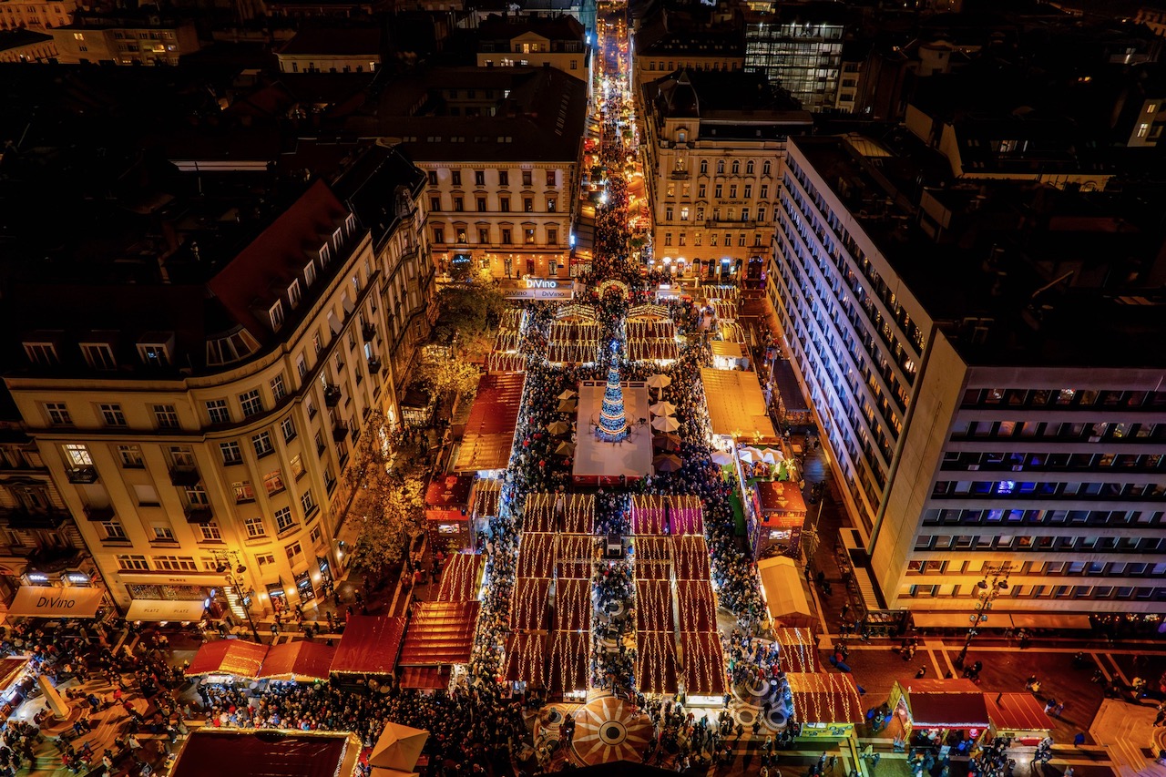 Basilica Christmas Budapest Aerial Drone over St Istvan Square and Zrinyi Street Bazilika Advent Photo